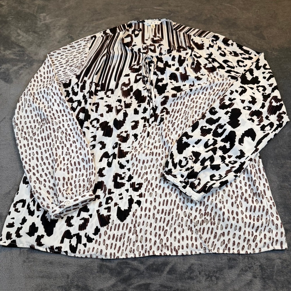 Cabi 590 Mixed Print Blouse Womens XL Black White Zebra Leopard Stripe Tie Neck